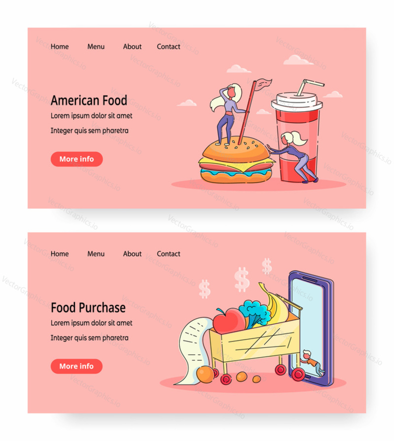Food online vector website templates, landing page design for website and mobile site development. American fast food, grocery products ordering service, online shopping, e-commerce.