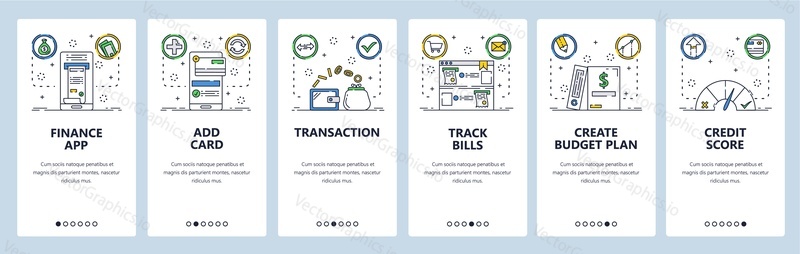 Finance transaction web site and mobile app onboarding screens. Menu banner vector template for website and application development. Budget plan, credit score, finance app. Thin line art flat style.