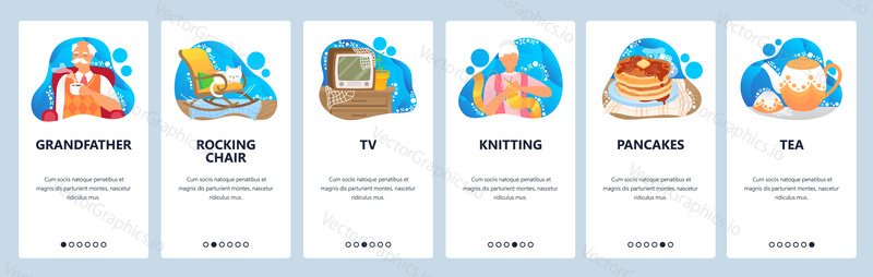 Grandparents website and mobile app onboarding screens. Menu banner vector template for web site and application development. Happy grandma and grandpa watching tv drinking tea. Grandparents lifestyle