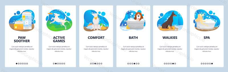 Pet hotel website and mobile app onboarding screens. Menu banner vector template for web site and application development. Dog and cat comfortable accommodation with bath, spa, active games for pets.