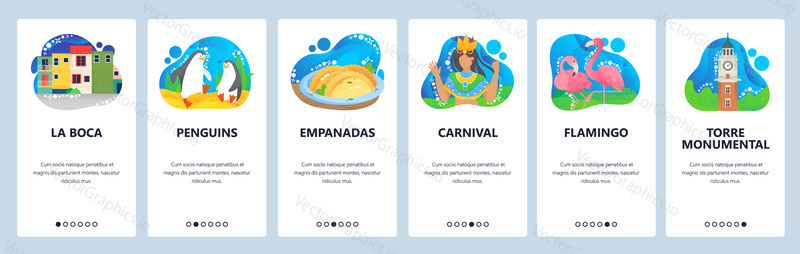 Argentina website and mobile app onboarding screens. Menu banner vector template for web site and application development. Carnival celebration, pink flamingo, food, tourist attractions in Argentina.