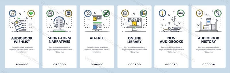 Audiobooks web site and mobile app onboarding screens. Menu banner vector template for website and application development. Audiobook listening app, online digital library. Thin line art flat style.