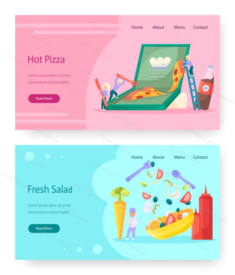 Food vector website templates, landing page design for website and mobile site development. Fresh organic vegetable salad and pizza fast food online order and delivery service, recipe book.