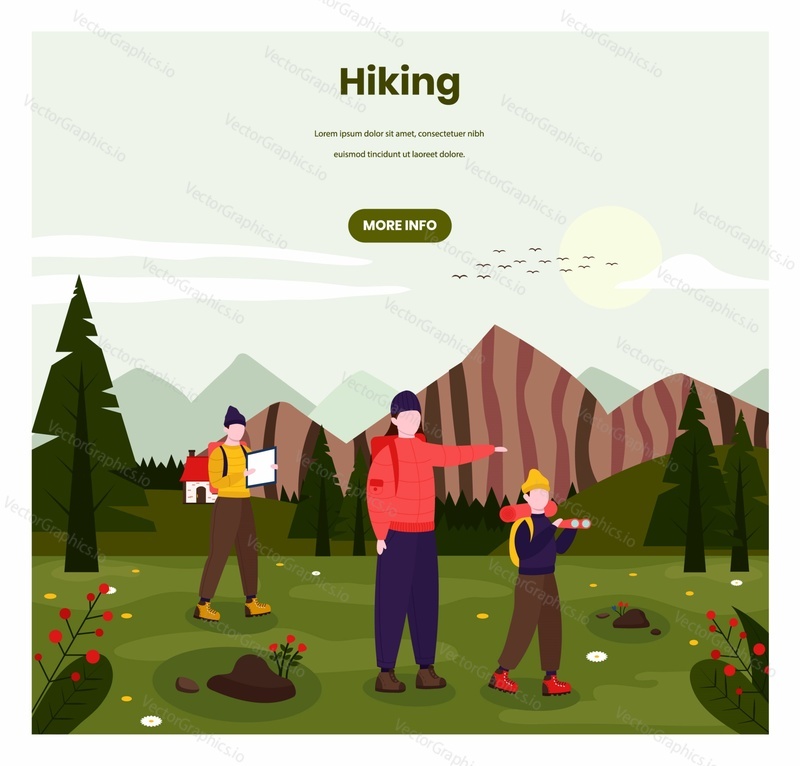 Hiking vector web banner template. Tourists family characters with backpacks going hiking, retro flat style design illustration. Trekking, summer vacation, adventure tourism, camping, mountain hike.