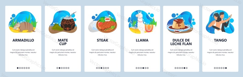 Argentina website and mobile app onboarding screens. Menu banner vector template for web site and application development. Argentine tango, llama, armadillo animals. Traditional food in Argentina.