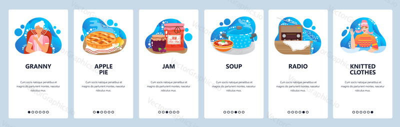 Granny website and mobile app onboarding screens. Menu banner vector template for web site and application development. Granny enjoying cooking, baking, knitting, listening to radio and being grandma.