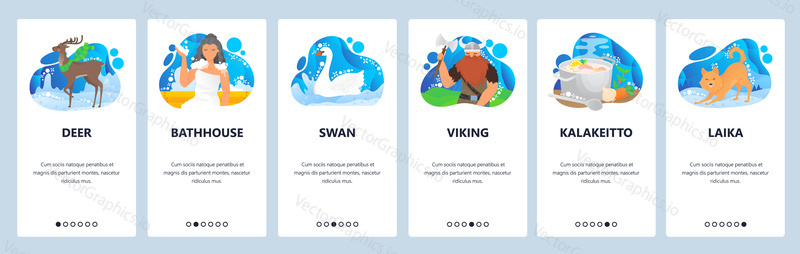 Finland website and mobile app onboarding screens. Menu banner vector template for web site and application development. Vikings and Finland history, finnish fauna and traditional fish soup kalakeitto