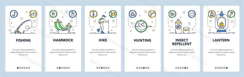 Fishing web site and mobile app onboarding screens. Menu banner vector template for website and application development. Fishing, hiking, hunting equipment and accessories. Thin line art flat style.