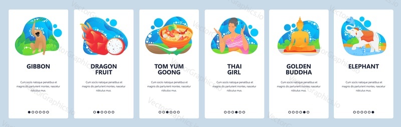 Thailand website and mobile app onboarding screens. Menu banner vector template for web site and application development. Buddha, thai girl, elephant, gibbon animals. Traditional cuisine in Thailand.
