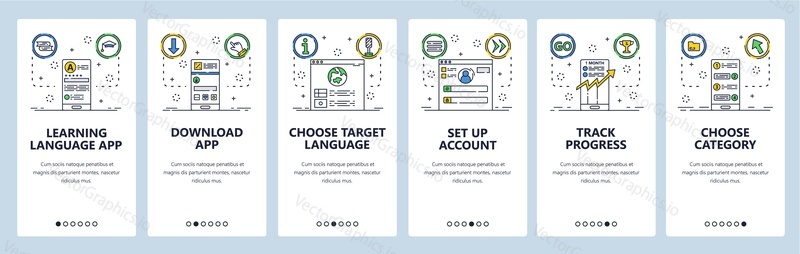 Language learning web site and mobile app onboarding screens. Menu banner vector template for website and application development. Study foreign language with education online technology Thin line art