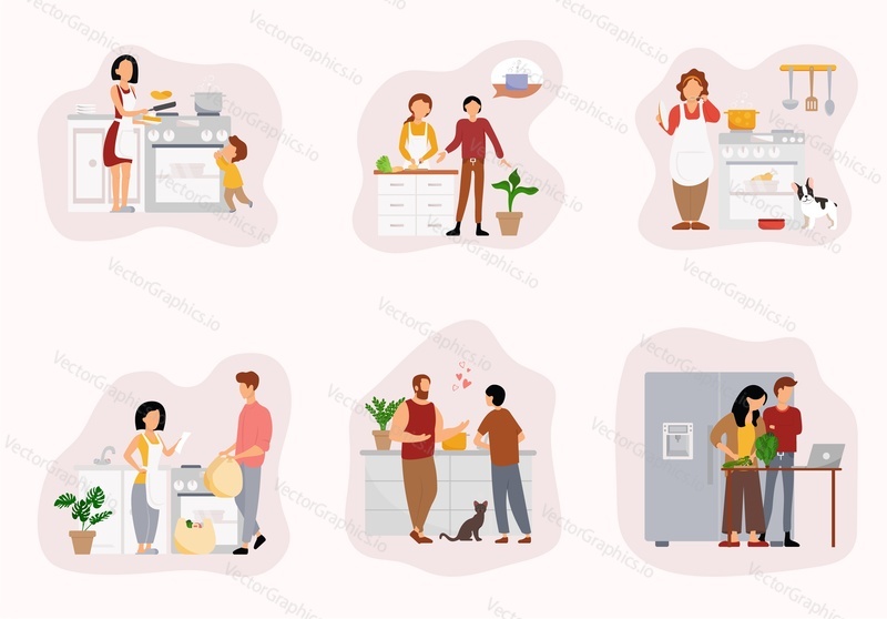 Male and female characters cooking in kitchen, vector flat illustration isolated on white background. Happy woman housewife, mom, family couples preparing food at home. Cooking hobby, homemade food.