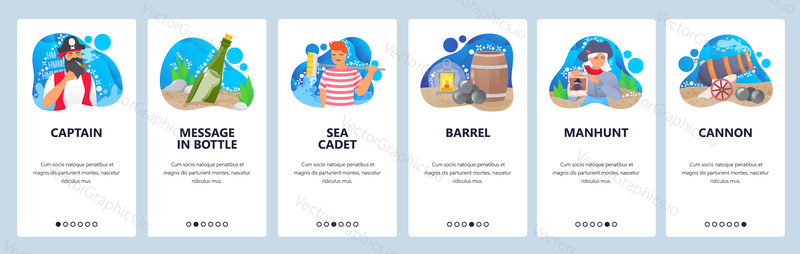 Pirates website and mobile app onboarding screens. Menu banner vector template for web site and application development. Pirate captain, message in bottle, sea cadet, manhunt, cannon.