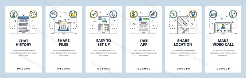 Live chat web site and mobile app onboarding screens. Menu banner vector template for website and application development. Chat and share files, location, make video call. Thin line art flat style.