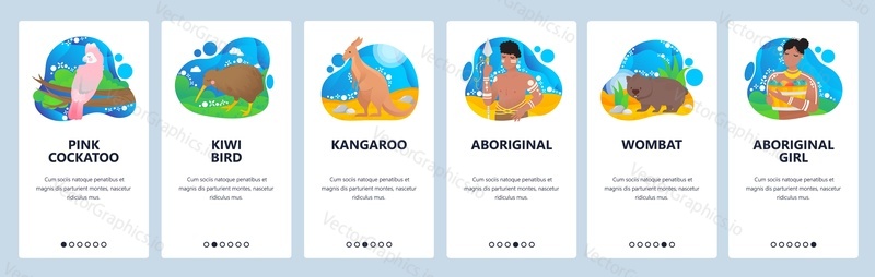 Australia website and mobile app onboarding screens. Menu banner vector template for web site and application development. Kangaroo, wombat australian animals, birds. Aboriginal culture in Australia.