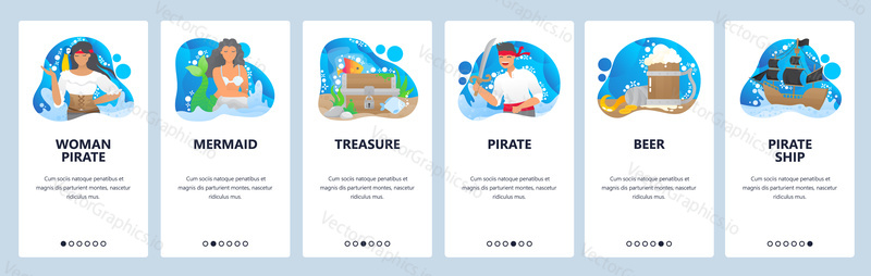 Pirates website and mobile app onboarding screens. Menu banner vector template for web site and application development. Pirate ship, girl, boy, mermaid marine characters, treasure chest.