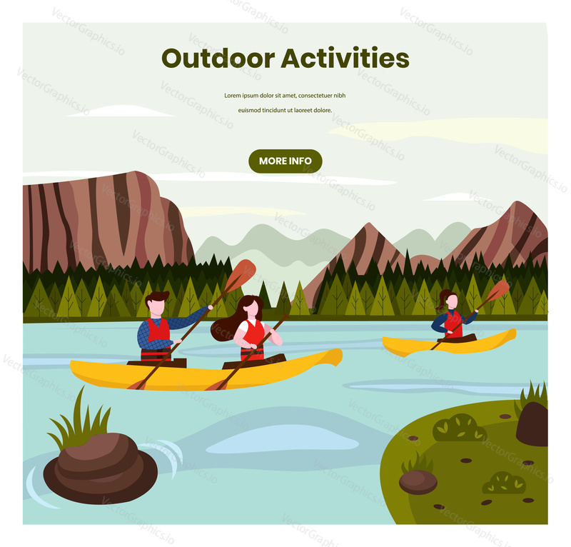 Outdoor activities vector web banner template. Young couple paddling, rowing in kayak boat, retro flat style design illustration. Kayaking, canoeing, extreme water sports activities, summer adventure.