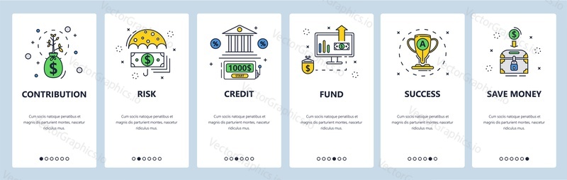 Money contribution, risk and success. Bank loan. Money savings. Mobile app onboarding screens. Vector banner template for website and mobile development. Web site design illustration.