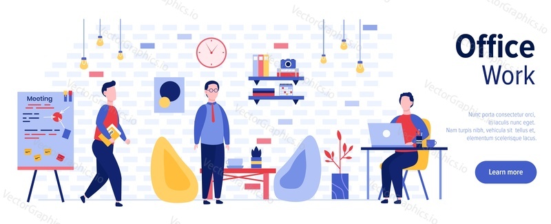 Office work web banner template, vector flat style design illustration. Business people working on laptop computer, meeting, giving presentation. Office situations, open space with cartoon characters.