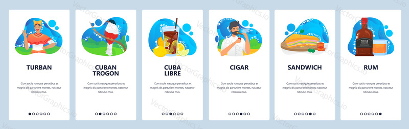 Cuban customs website and mobile app onboarding screens. Menu banner vector template for web site and application development. Cuban fashion turban, traditional cigar, cuba libre rum cocktail.