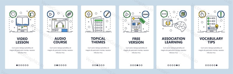 Learning web site and mobile app onboarding screens. Menu banner vector template for website and application development. Video lesson, audio course, online learning. Thin line art flat style.