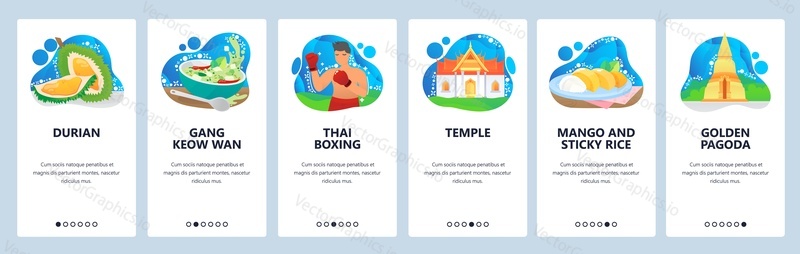 Thailand website and mobile app onboarding screens. Menu banner vector template for web site and application development. Famous landmarks, traditional food in Thailand. Golden pagoda, thai boxing.