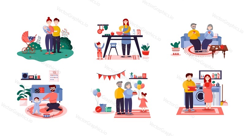 Family characters, vector flat illustration isolated on white background. Happy young and senior couples, family with newborn baby, mom and dad with their kids.