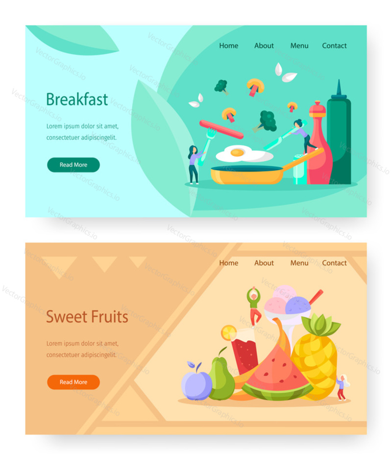 Healthy food vector website templates, landing page design for website and mobile site development. Fresh healthy sweet fruits, hot breakfast online shopping, food recipe cooking book, menu.