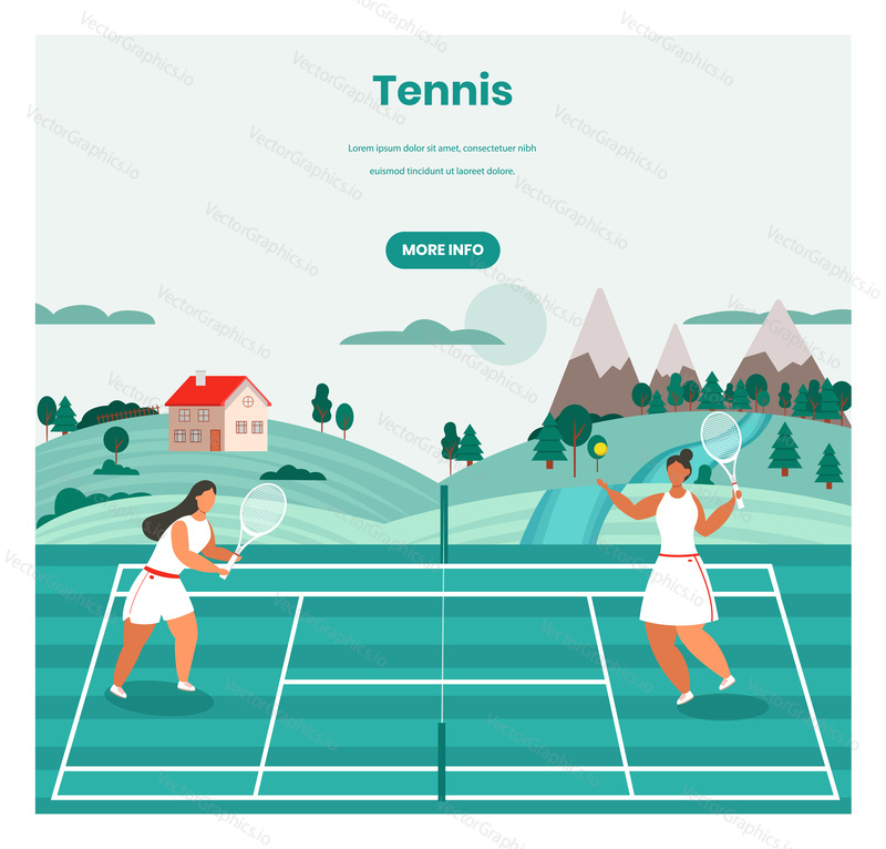Tennis tournament, training, vector web banner template. Two girls playing tennis game on court, retro flat style design illustration. Racket sport concept.