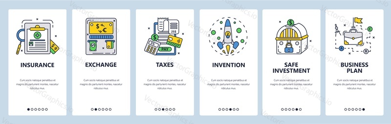 Business plan, SAFE investments in company startup, invention. Business insurance. Taxes. Mobile app screens. Vector banner template for website and mobile development. Web site design illustration.