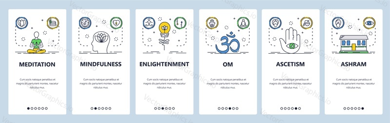 Meditation web site and mobile app onboarding screens. Menu banner vector template for website and application development. Yoga, concentration, buddhism symbols, meditation app. Thin line flat style.