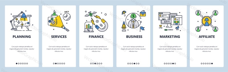 Business planning, finances, services and marketing. Business success strategy. Mobile app onboarding screens. Vector banner template for website and mobile development. Web site design illustration.