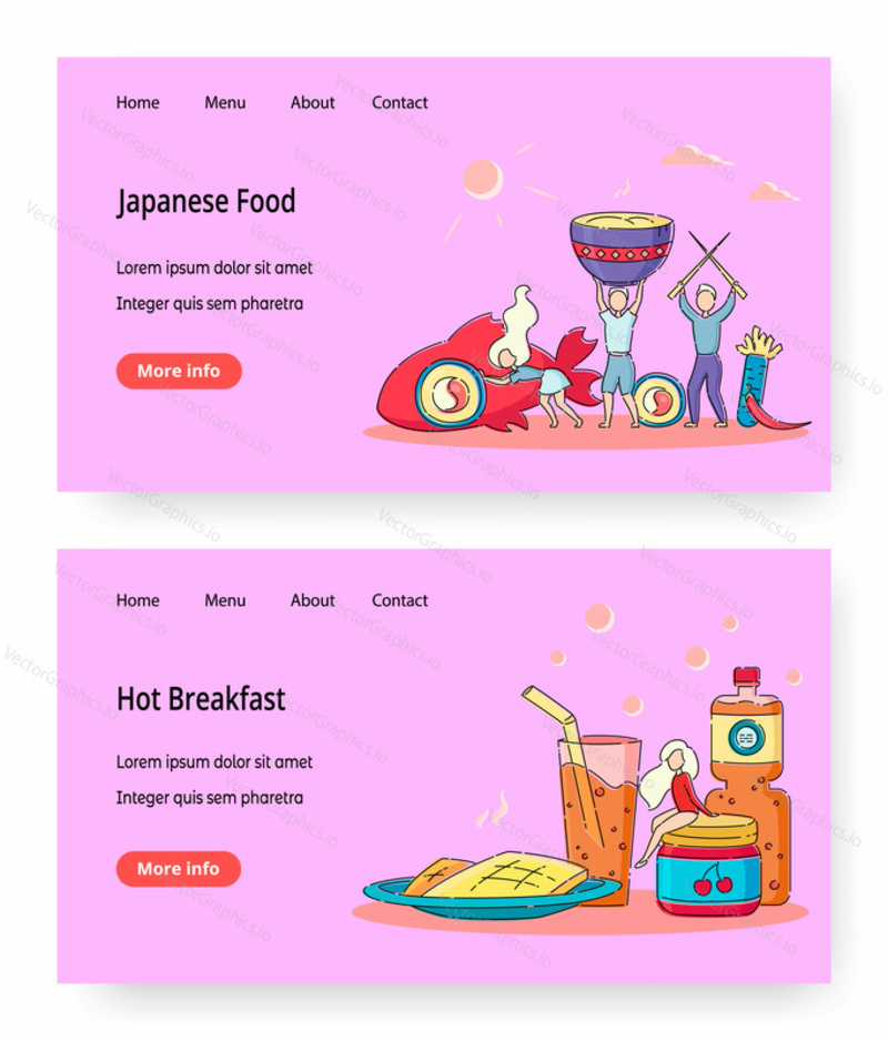 Food online vector website templates, landing page design for website and mobile site development. Traditional japanese food, fresh hot meal for breakfast online order, delivery service, recipe book.