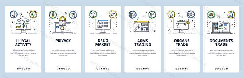 Illegal activity web site and mobile app onboarding screens. Menu banner vector template for website and application development. Drugs market, arms human organs illegal trade. Thin line flat style.