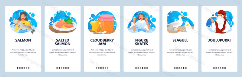 Finnish traditions website and mobile app onboarding screens. Menu banner vector template for web site and application development. Finnish Christmas Joulupukki, figure skating, salmon, cloudberry jam