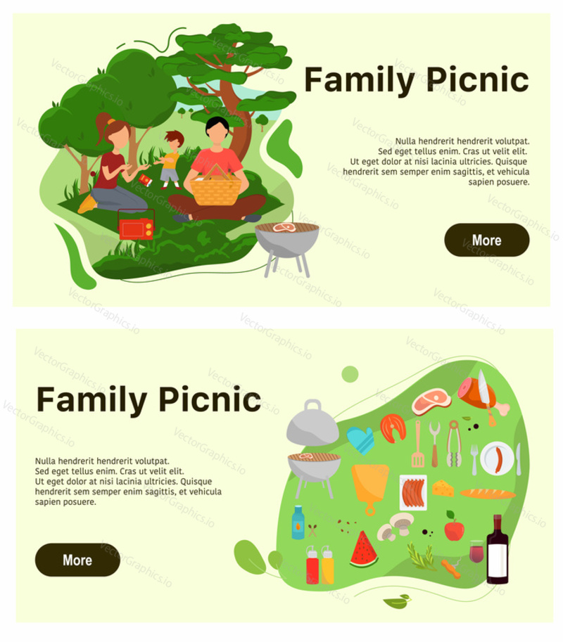 Family picnic vector web banner template set. Happy family characters father, mother and their son enjoying picnic in park, retro flat style design illustration. Summer weekend, bbq party accessories.