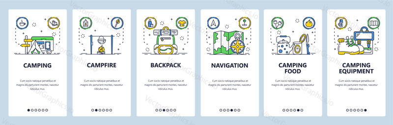 Camping web site and mobile app onboarding screens. Menu banner vector template for website and application development. Backpack, food, equipment for camping hiking trekking. Thin line art flat style