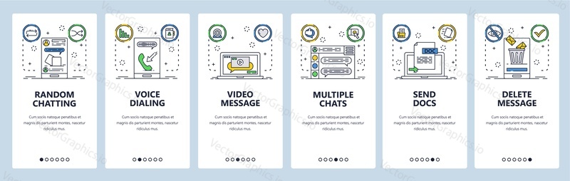Chat and instant messaging web site and mobile app onboarding screens. Menu banner vector template for website and application development. Chat and send documents, video messages. Thin line art style