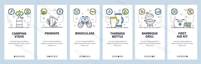 Camping equipment web site and mobile app onboarding screens. Menu banner vector template for website and application development. Bbq grill, camping stove, binoculars, etc. Thin line art flat style.