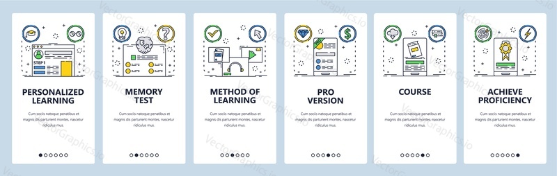 Education web site and mobile app onboarding screens. Menu banner vector template for website and application development. Personalized learning, online course, mobile learning. Thin line flat style.