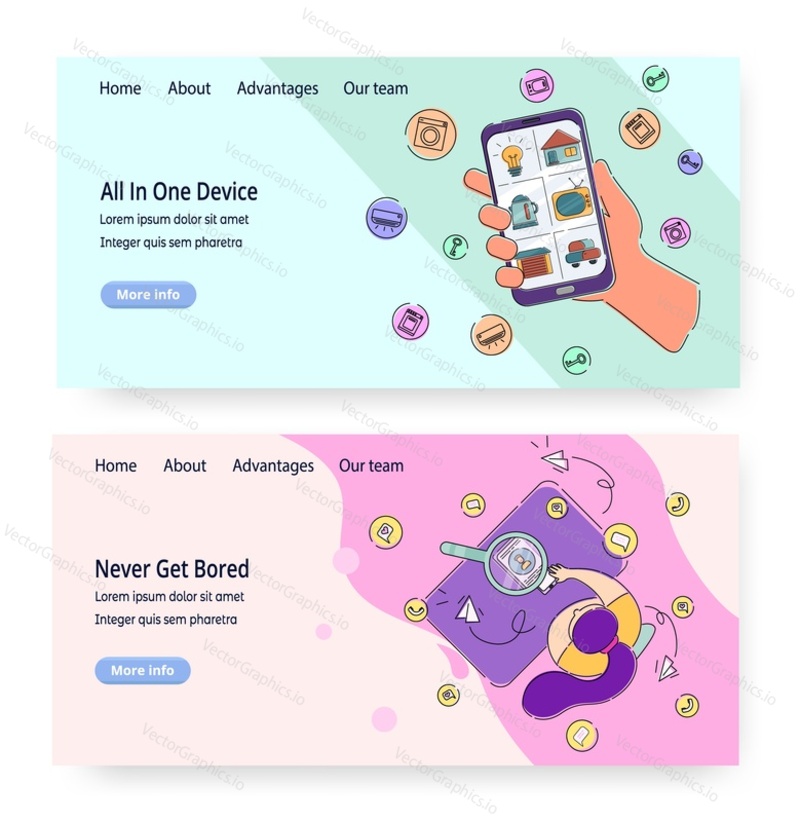 Vector website templates, landing page design for website and mobile site development. People using smartphone as Iot device, means of communication for instant messages, calls, email etc.