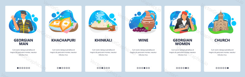 Georgia website and mobile app onboarding screens. Menu banner vector template for web site and application development. Khinkali khachapuri wine. Historical landmarks, traditional clothes in Georgia.