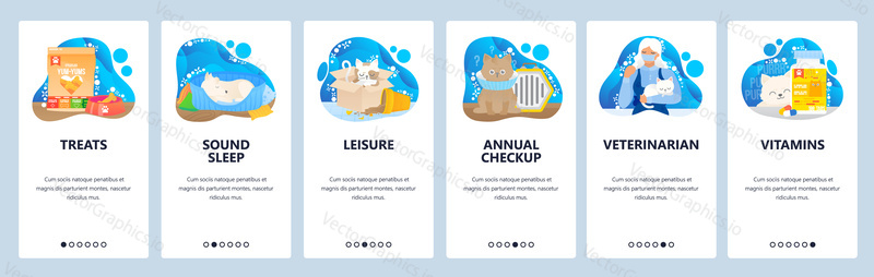 Veterinary website and mobile app onboarding screens. Menu banner vector template for web site and application development. Vet clinic pet care, annual checkup, pet treats, vitamins and supplements.