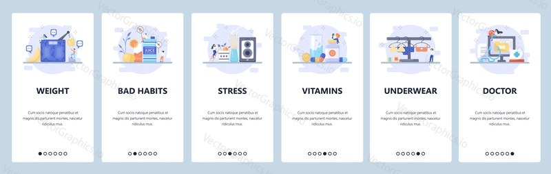 Prevention of breast cancer. Control weight, limit alcohol, do not smoke, visit doctor. Mobile app screens. Vector banner template for website and mobile development. Web site design illustration.