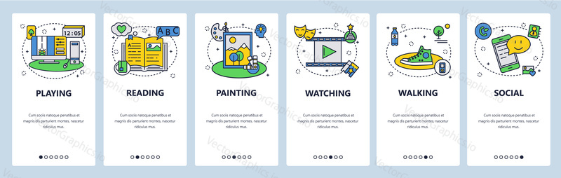 Hobby web site and mobile app onboarding screens. Menu banner vector template for website and application development. Playing video games, watching tv, movie, reading books hobbies. Thin line art.