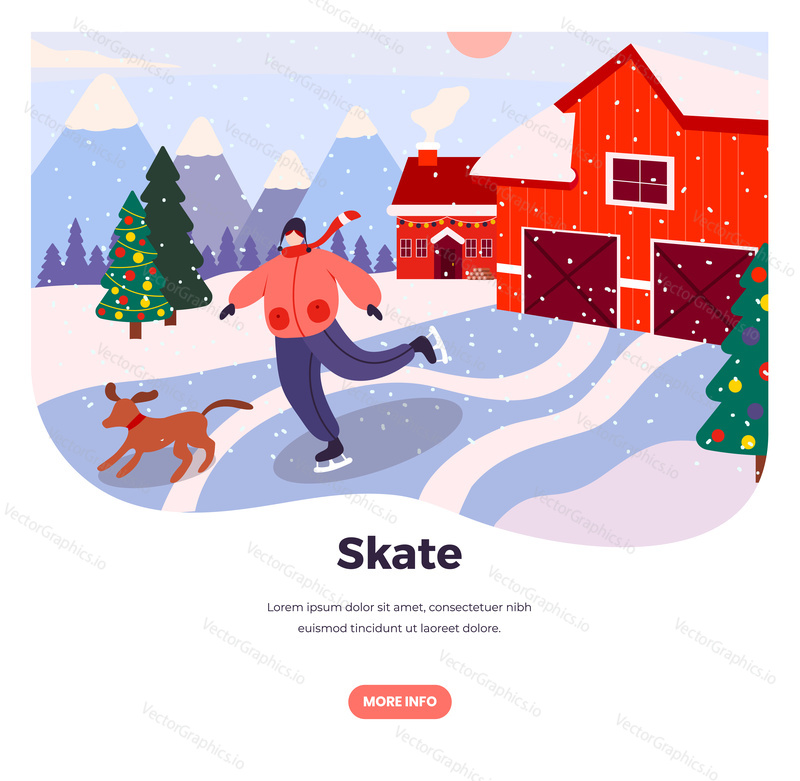 Skate vector web banner template. Man ice skating near countryside cottage, flat style design illustration. Winter sport and recreation, weekend or vacation in the country, ice skating fun activity.