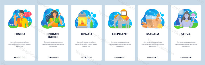 Indian life web site and mobile app onboarding screens. Menu banner vector template for travel website and application development with blue abstract shapes. Indian culture, food, traditions, holidays