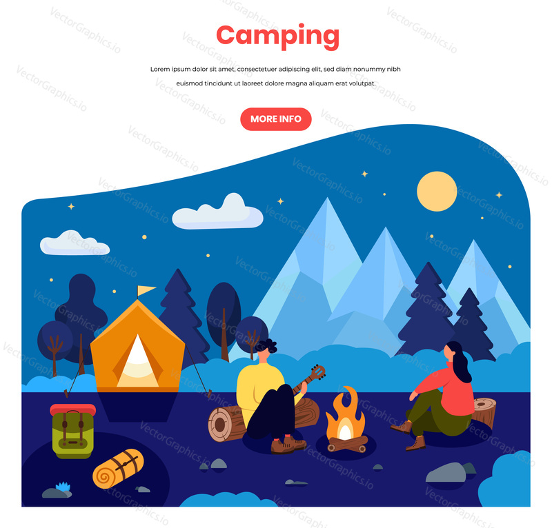 Camping in forest vector web banner template. Happy couple sitting around campfire near the tent, flat illustration. Summer camping, hiking, adventure tourism and travel, campsite, outdoor activity.
