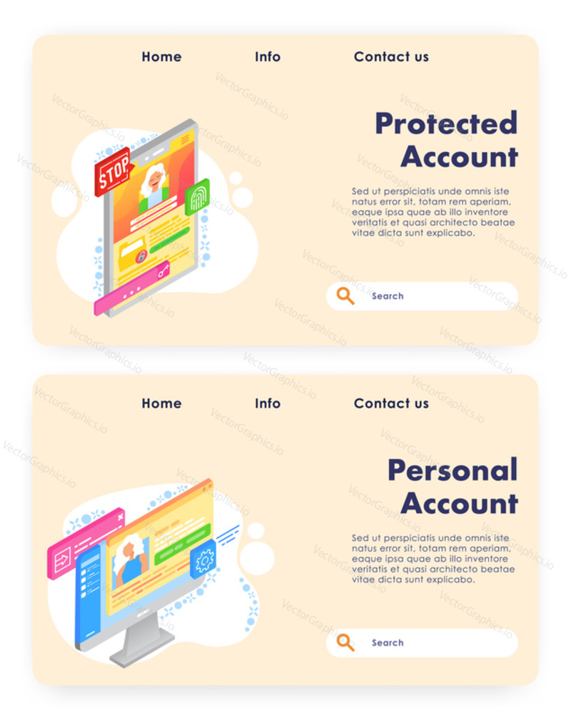 Account creation vector website template, landing page design for website and mobile site development. Protected personal account, new user profile registration concept web banners, flat illustration.