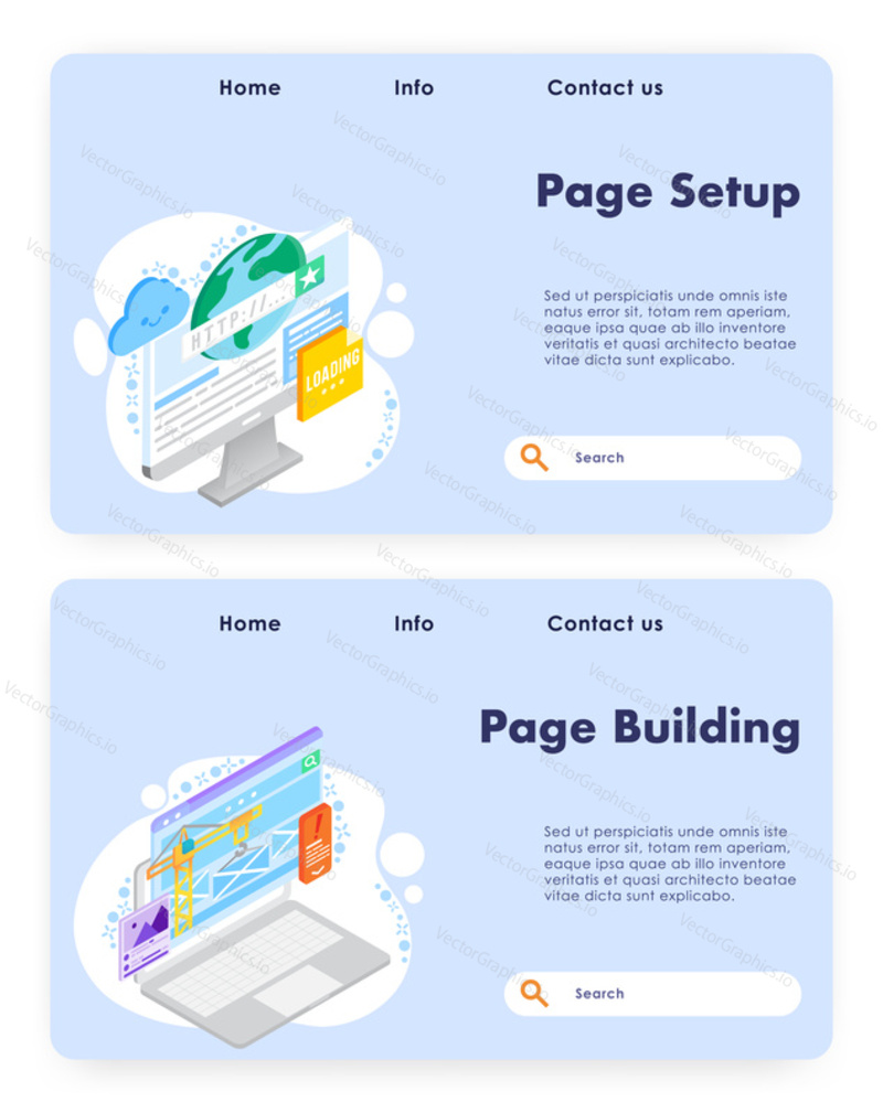Vector website template, landing page design for website and mobile site development. Page setup and Page building web banners, flat isometric illustration.