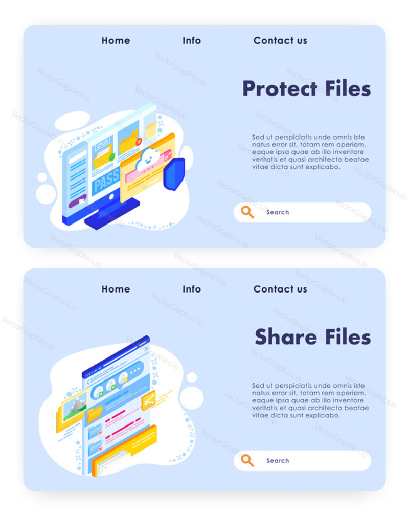 Vector website template, landing page design for website and mobile site development. File transfer and sharing, protect files concept web banners, flat isometric illustration.
